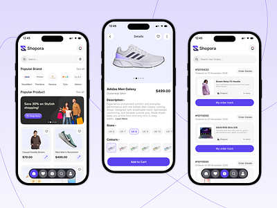 Shopora: E-commerce Mobile App UI adidas app design checkout clean ui design e shop ecommerce figma interface ios app minimal design mobile app mobile ui online store order tracking product page shopping sneakers uiux user interface