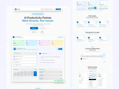 FlowMind – AI Productivity Partner Landing Page UI Design ai dashboard ui design ai productivity landing page ai productivity platform ai startup website design ai tool website ui blue gradient landing page conversion focused landing page email summarizer ui enterprise saas landing page figma saas template focus booster app design hero section ui design modern saas ui kit premium landing page template pricing table ui figma productivity app landing page responsive landing page figma saas landing page design task automation website testimonial carousel ui