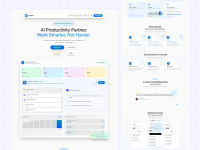 FlowMind – AI Productivity Partner Landing Page UI Design ai dashboard ui design ai productivity landing page ai productivity platform ai startup website design ai tool website ui blue gradient landing page conversion focused landing page email summarizer ui enterprise saas landing page figma saas template focus booster app design hero section ui design modern saas ui kit premium landing page template pricing table ui figma productivity app landing page responsive landing page figma saas landing page design task automation website testimonial carousel ui