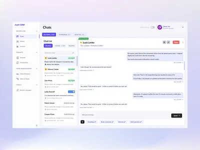 CRM chat workflow • scalable IA and UX for financial consultants actionmenu chatui crm designsystem designthinking enterpriseux finance fintech ia informationarchitecture productdesign saasdesign ui ux uxdesign uxstrategy uxthinking
