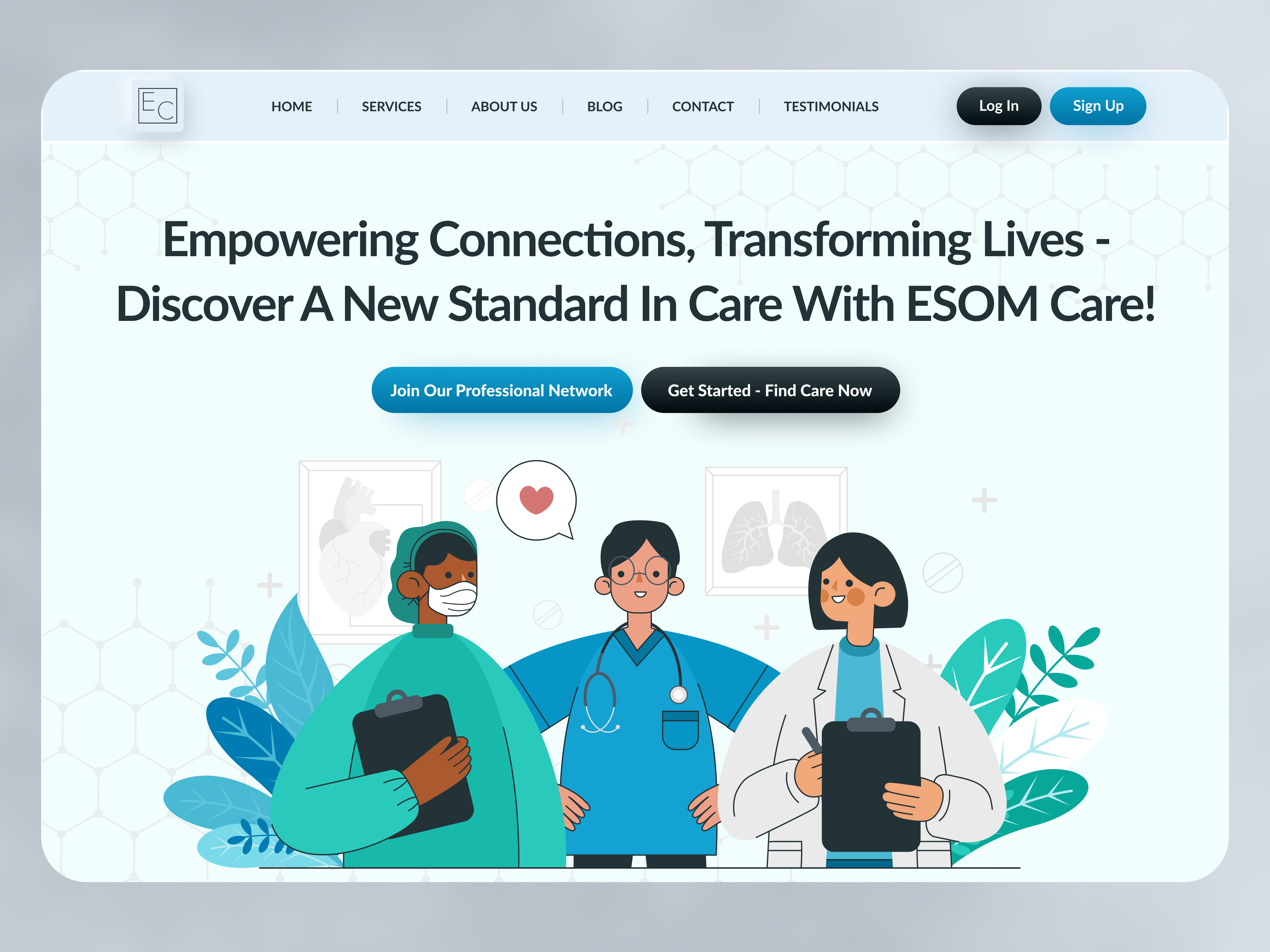 ESOM Care | Healthcare Platform Landing Page UI Design branding care platform clean design digital experience figma health app health tech healthcare website iamdesignmaker interface design landing page medical platform medical ui modern ui product design saas platform ui ux design ux strategy web design webflow
