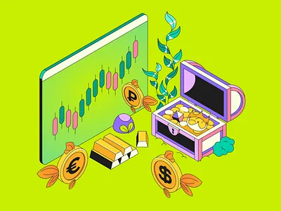 Market in Motion candlestick chart chart coins crypto cryptocurrency digital money dollar economy finance financial illustration fintech fish gold graphic design illustration investment isometry market analysis trading vector