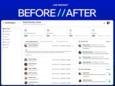 HealthSpark Front Desk Redesign: Before and After Comparison ai agents ai copilot ai saas best design agency on dribbble best ux design agency bottomlineux dashboard dashboard design healthspark healthtech mafruh faruqi product design agency product redesign saas design agency saasfactor sohag islam user experience ux ux fix y combinator