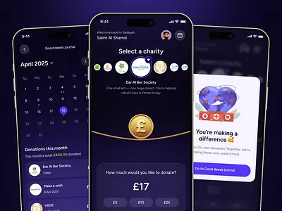 Sadaqah. Charity Mobile App UI/UX Design animation app blue charity donation game gradient graphic design interface mobile mobile app purple ui uiux ux
