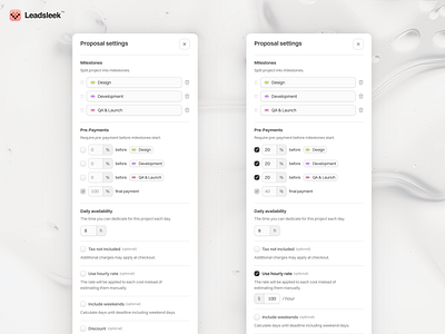 Leadsleek - Customize sidebar checkbox dashboard designer estimation freelance freelancer input minimal options proposal quote settings sidebar ui ux web app web application white