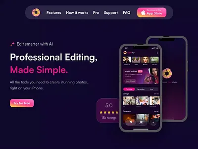 Heroimage | Photo Editing App Landing Page ai dark mode edit photo heroimage landing page mobile app concept ui