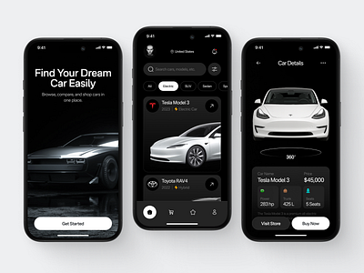 Car Shop Mobile App Exploration app browse clean dark design details fireart info modern order ui ux vehicle