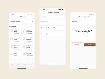 Designing Spaces That Speak: A Calm Library for Self-Affirmation affirmationapp app appinterface branding calminterface clean ui dailyinspiration design digitalwellbeing illustration mindfuldesign minimalui mobile app design mobileappdesign mobileux selfcaredesign ui uiux uxdesign wellnessapp