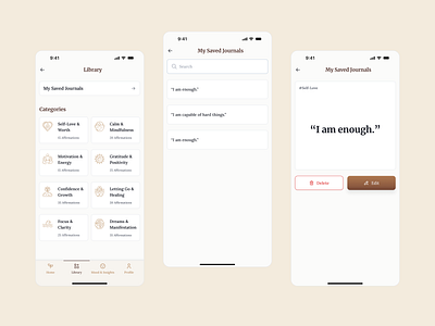 Designing Spaces That Speak: A Calm Library for Self-Affirmation affirmationapp app appinterface branding calminterface clean ui dailyinspiration design digitalwellbeing illustration mindfuldesign minimalui mobile app design mobileappdesign mobileux selfcaredesign ui uiux uxdesign wellnessapp