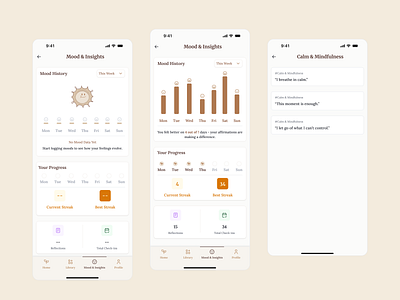 Turning Feelings Into Growth — The Mood & Insights Experience affirmationapp app branding calminterface clean ui datavisualization design digitalwellbeing emotionaldesign illustration mindfuldesign minimaldesign mobile app design mobileappdesign moodinsights moodtracker uiux uxdesign wellnessapp