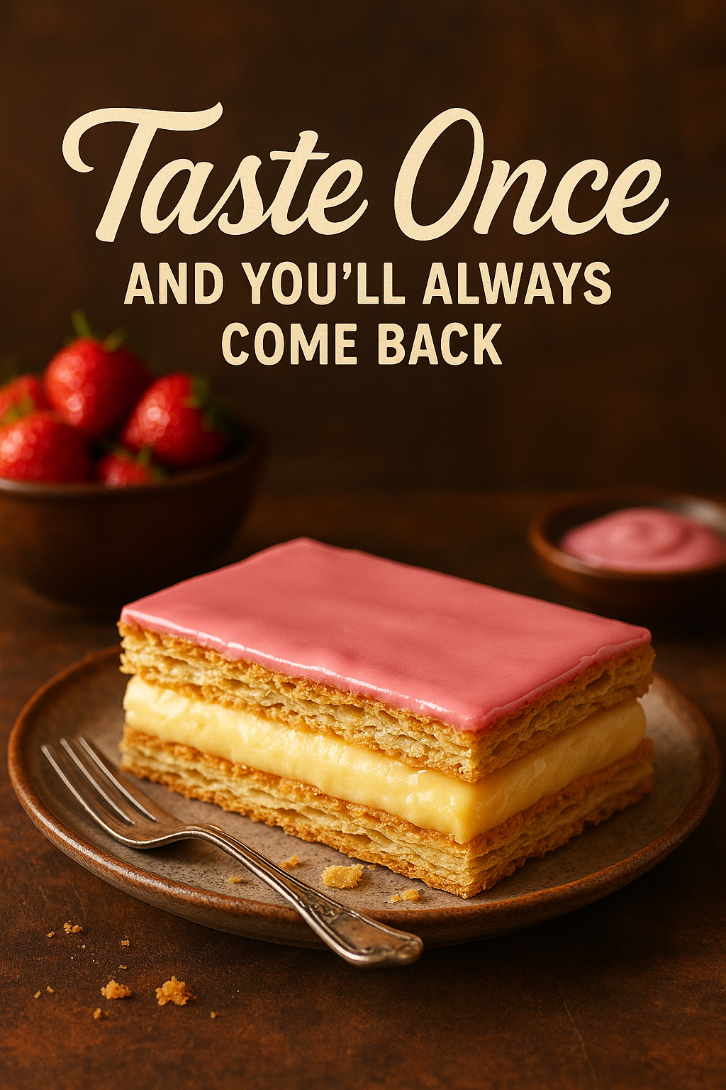 Strawberry Mille-Feuille Dessert Ad Design bakery dessert branding elegant typography food art food design food photography mille feuille pastry patisserie product ad promotional design social media design strawberry dessert sweet treats warm tones