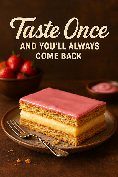 Strawberry Mille-Feuille Dessert Ad Design bakery dessert branding elegant typography food art food design food photography mille feuille pastry patisserie product ad promotional design social media design strawberry dessert sweet treats warm tones