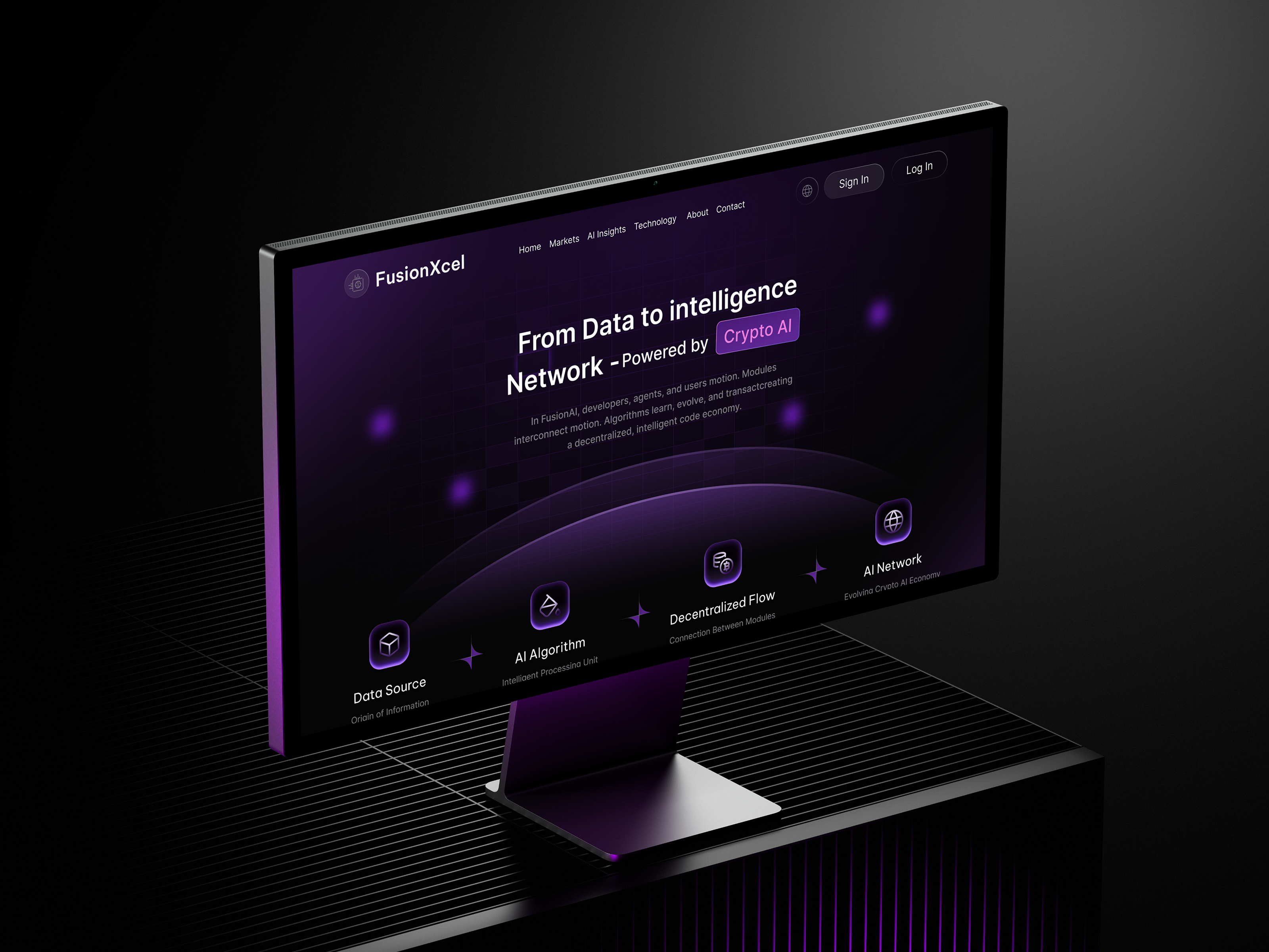 Decentralized AI Network UI Hero Section ai crypto economy ai insights ai powered platform blockchain ui crypto ai design crypto analytics crypto ecosystem design dark mode web design decentralized network fintech design fusionxcel design futuristic ui gradient dark theme machine learning ui modern landing page tech landing page web3 interface
