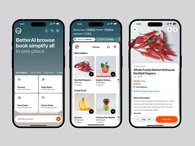 BetterAI – Grocery App Design ai app ai mobile app app design app interface booking app ecommerce food delivery food delivery app food delivery mobile app design food ordering app grocery grocery app grocery shopping mobile app motion graphics online grocery product design ride sharing app ui ux