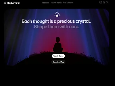 MindCrystal - Mindfulness Landing Page animation 2d illustration 3d 3d crystal animation app app icon blender branding crystal framer hero banner landing page meditation mental health mindfulness motion graphics procreate psychology ui website