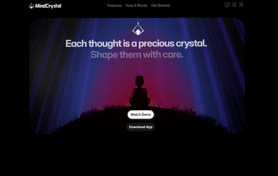 MindCrystal - Mindfulness Landing Page animation 2d illustration 3d 3d crystal animation app app icon blender branding crystal framer hero banner landing page meditation mental health mindfulness motion graphics procreate psychology ui website