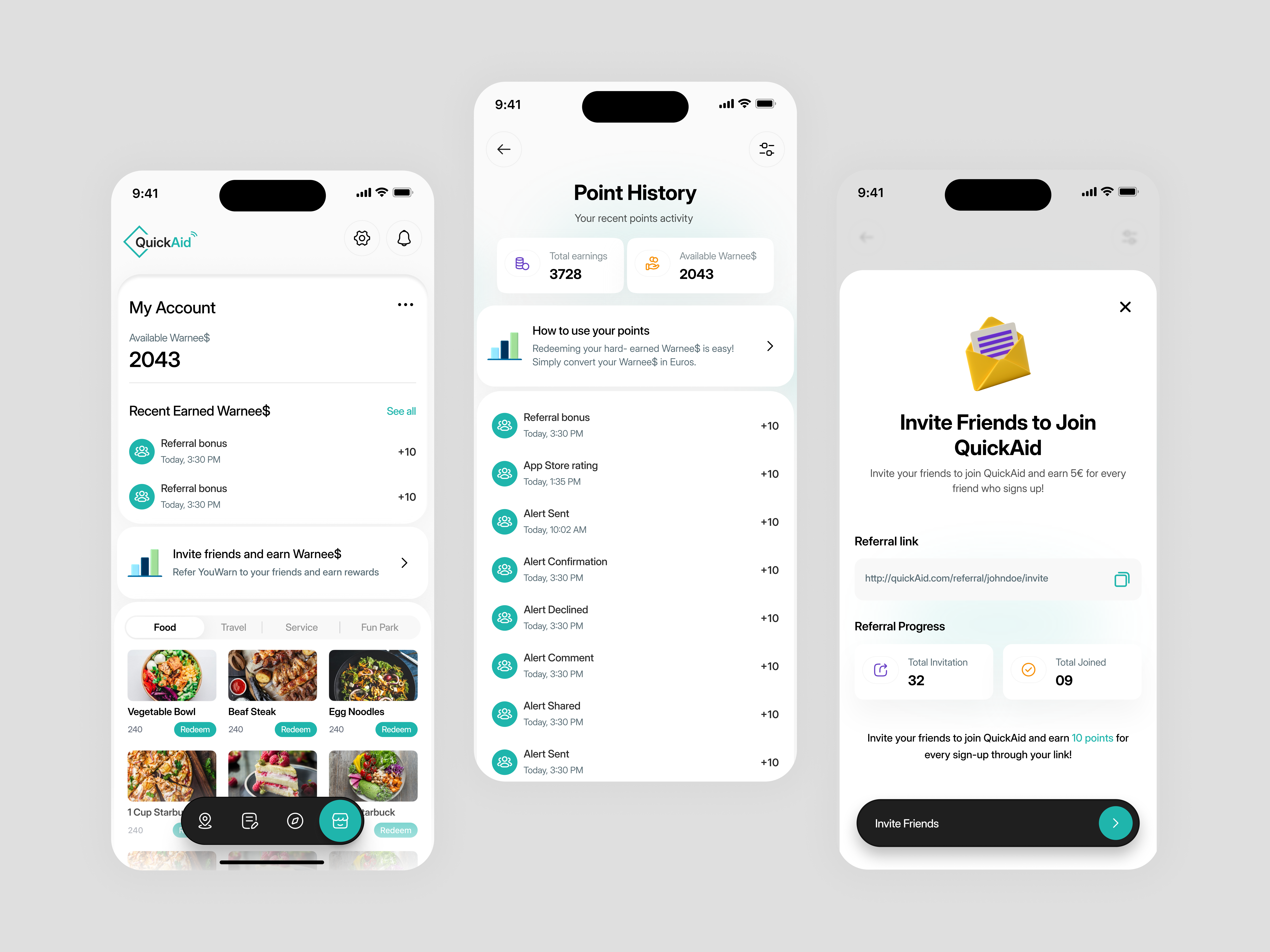 QuickAid Social Awareness App Design app app design app interface food invite friends ios app design mobile mobile app mobile app ui modern app interface order points history product design referral link rewards rewards app service travel ui ux