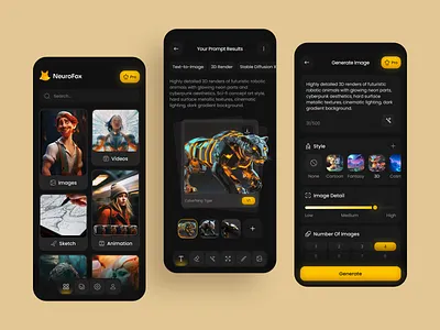 AI Image Generator App 3d 3d modelling ai ai app ai design ai tool app concept character design dark mode fintech design image generator mobile ui modern design neon design product design ui concept ui design ux design