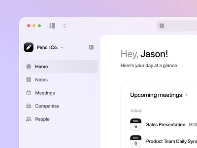 AI note & meeting assistant ai assistant calendar chat crm dashboard grid home intelligence management meeting modern note note taker view web