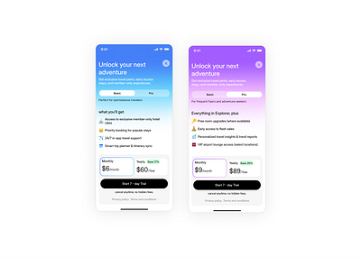 Plans - Pricing Screen for Travel app app design figma free trial freelance designer gradient ios ios app mvp design plans plans page pricing product design start free trial subscribe travel app ui uiux