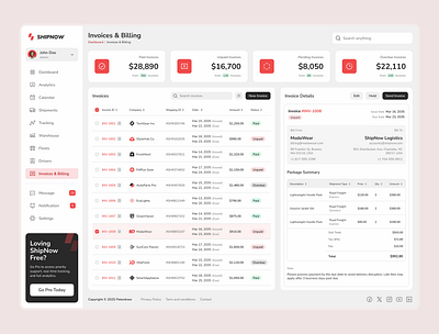 ShipNow Invoice & Billing Page – Shipping Management Dashboard billing dashboard design figma finance invoice logistics payment product design responsive shipment shipping ui design ui inspiration ui showcase ui trends uiux ux design webapp