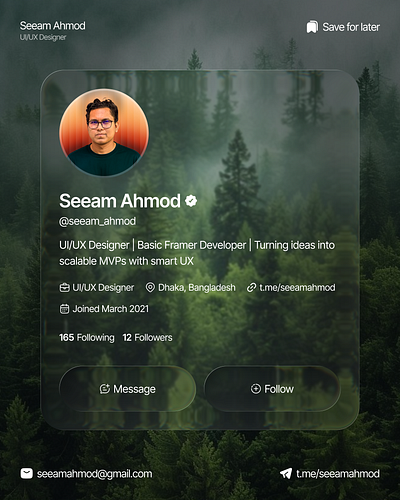 Twitter Glass Effect Profile UI card ui dashboard figma figma design glass effect card design glass morphism illustration landing page popular shot section twitter ui card design ui ui card design ui design uiux ux design viral shot web design webapp website