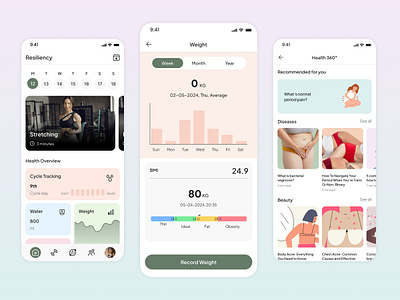 Health & Wellness App app design exercise fitness gym health mobile app periods tracker ui ux wellness women yoga