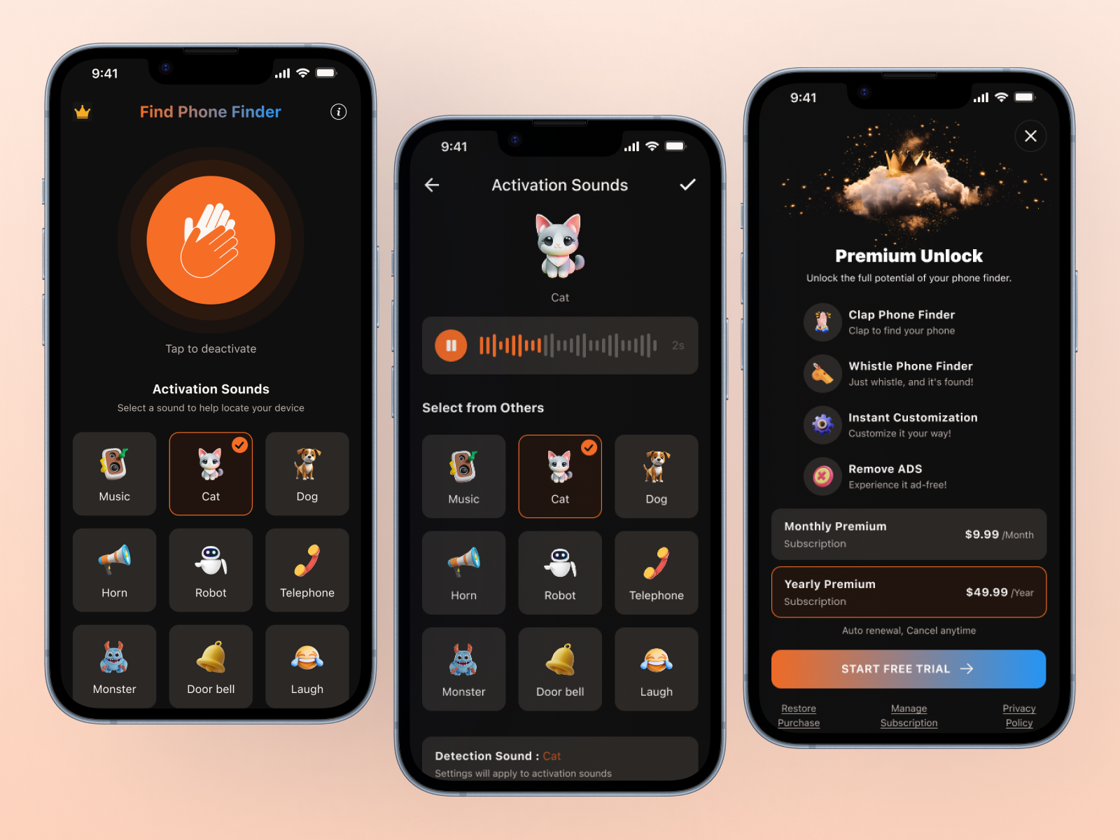 Clap to Find Phone – Fun Sound Alert iOS App app design inspiration clap to find phone creative app ui dark mode ui fun app design ios app design mobile app ui phone finder app phone locator app solo project design sound alert app unique app sounds vibrant ui