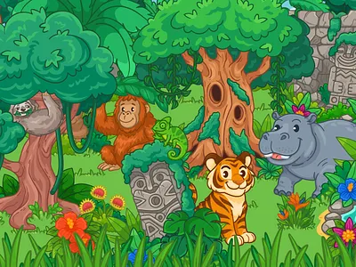 Children’s casual game 2d animals animation background character design flower game game character game props hippo illustration illustrator jungle props tiger ui ui game vector vector illustration