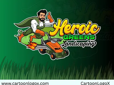 Heroic Greens Logo – Superhero Lawn Care Design CartoonLogoX brand identity branding cartoon logo creative branding csrtoon lawn care logo graphic design illustration landscaping branding logo mascot logo design professional logo design superhero lawn care logo
