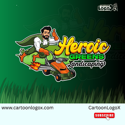 Heroic Greens Logo – Superhero Lawn Care Design CartoonLogoX brand identity branding cartoon logo creative branding csrtoon lawn care logo graphic design illustration landscaping branding logo mascot logo design professional logo design superhero lawn care logo