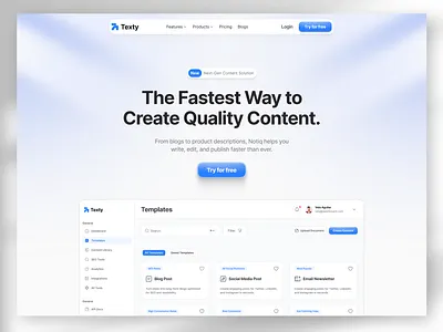 AI Writing/Content Assistant landing page - Texty ai copywriting assistant ai saas landing page ai white mode landing page ai writing assistant clean clean landig page clean landing page electric blue landing page landing page premium saas landing page saas saas landing page ui web design white mode landing page