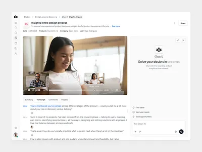 Transcript of video interview with AI - Gleanbase ai chat insights interaction interview pains product design search suggestions transcript ui video