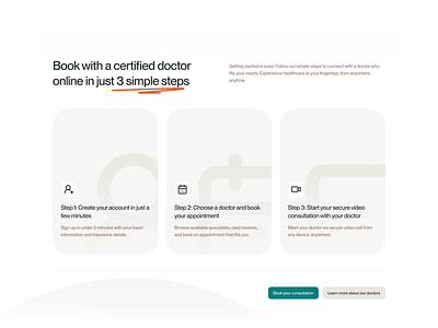 Healthio Landing page — Booking in 3 simple steps cards booking clean design healteach healthcare landing page saas telehealth website