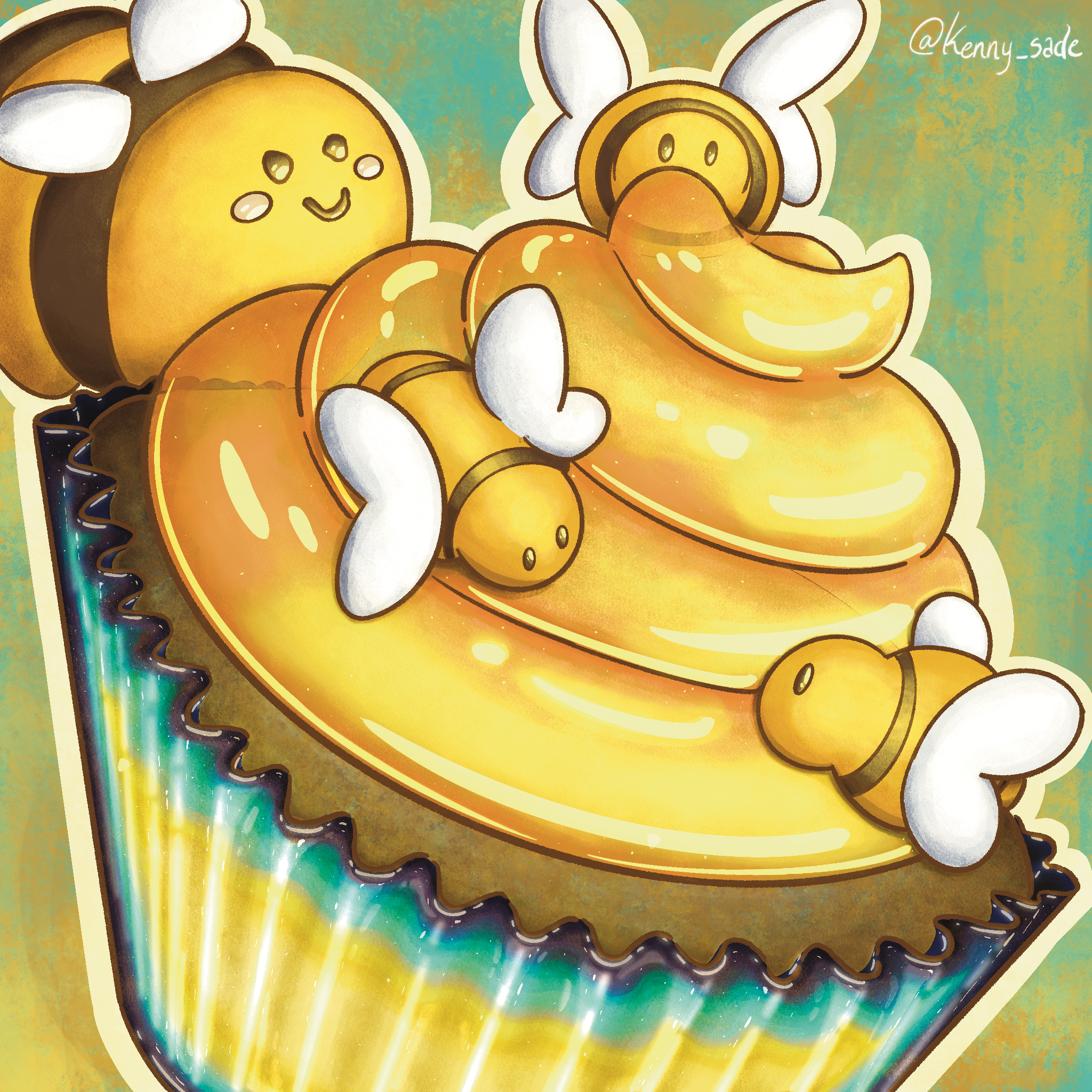 "Bee-ssert!" (2025) bees cupcakes dessert digital art digital illustration honey illustration procreate