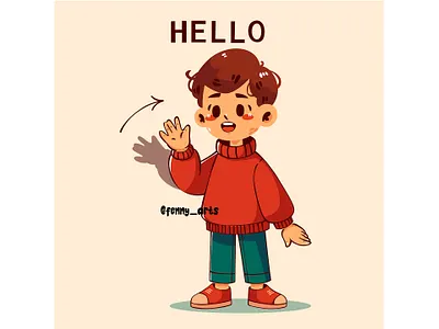 Cartoon Boy Waving bye caring character community concept connecting excitement friendship goodbye greeting hello salute smiling spirit support together waving welcome welcoming