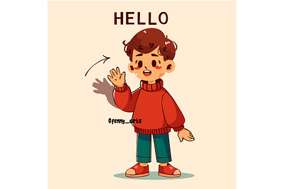 Cartoon Boy Waving bye caring character community concept connecting excitement friendship goodbye greeting hello salute smiling spirit support together waving welcome welcoming