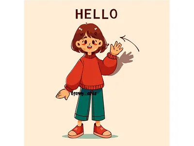 Cartoon Girl Waving Happily bye caring character community concept connecting excitement friendship goodbye greeting hello people salute smiling spirit support together waving welcome welcoming