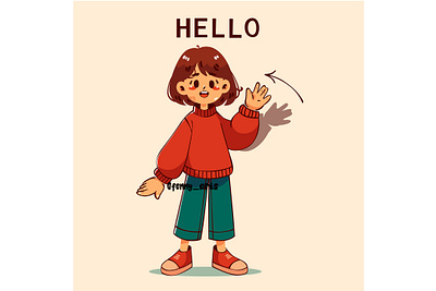 Cartoon Girl Waving Happily bye caring character community concept connecting excitement friendship goodbye greeting hello people salute smiling spirit support together waving welcome welcoming