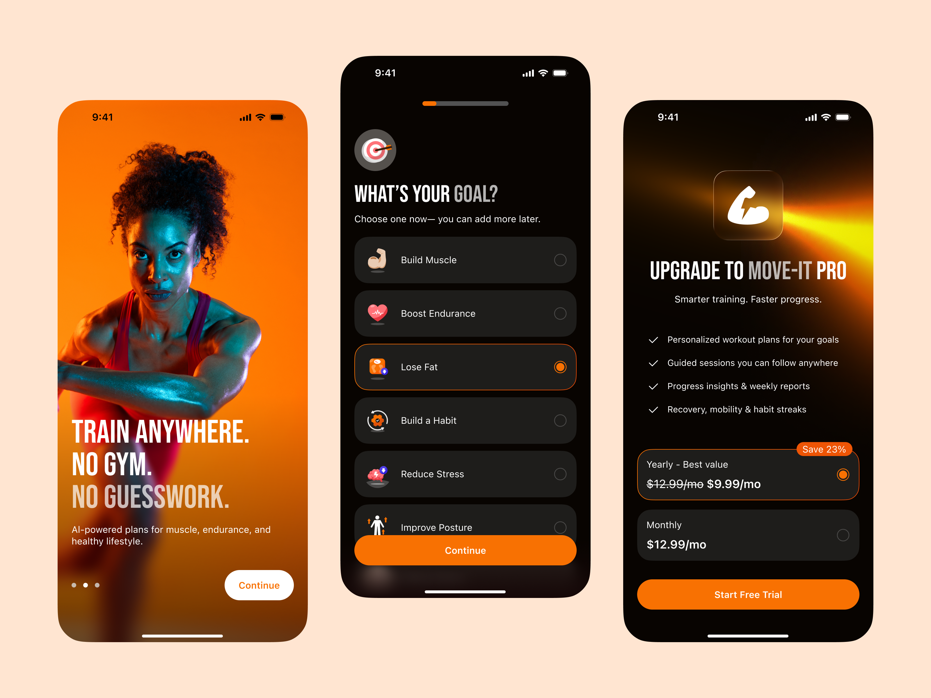 Move-It - Onboarding Screens for Workout App app clean darkmode design fitness goals mobile modern onboarding orely paywall personalization training ui ux workout