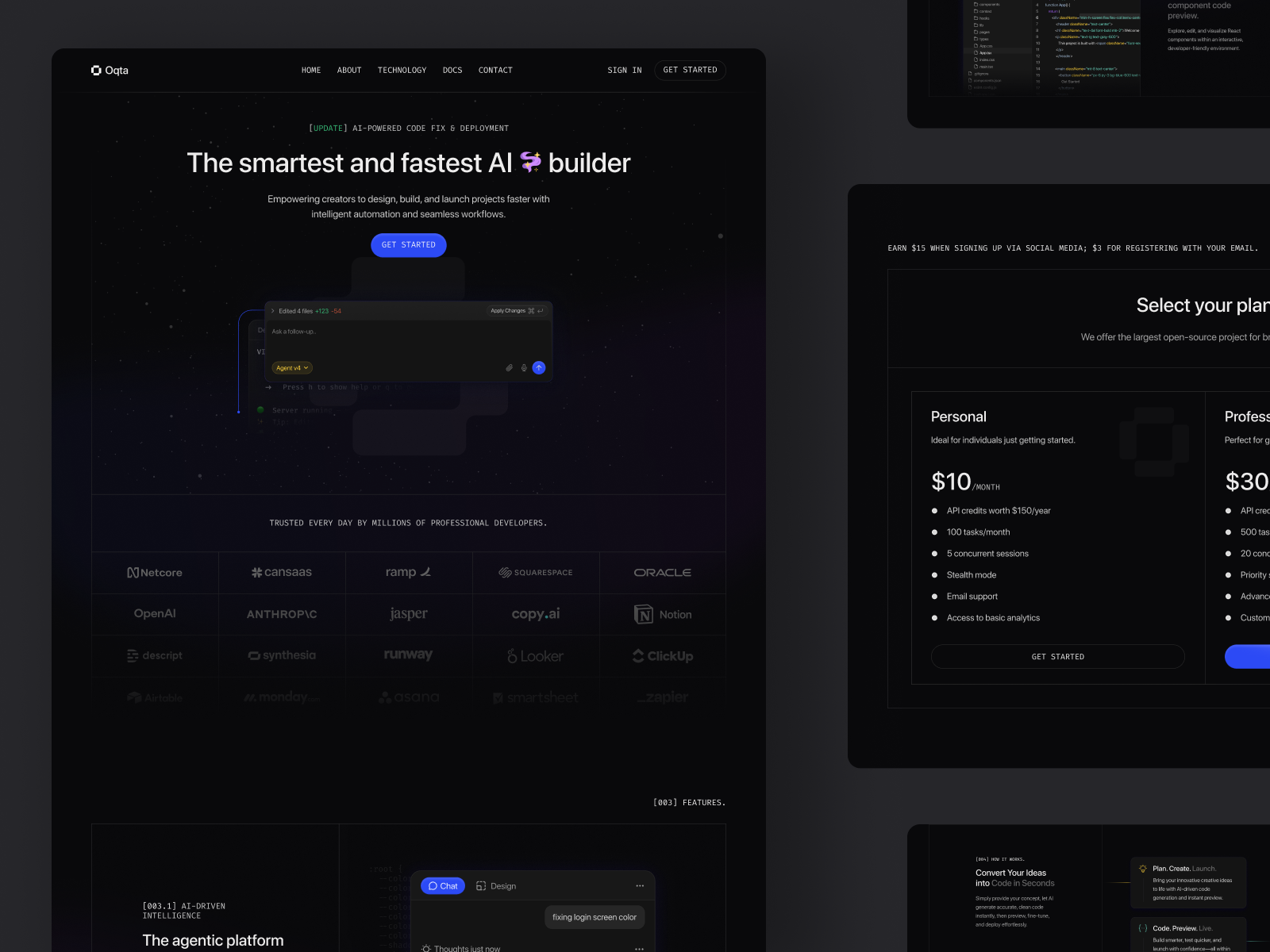 Oqta - AI Builder Landing Page ai ai builder artificial intelligence builder cansaas clean dark dark theme dashboard design interface landing page modern modern design saas technology ui ux web design