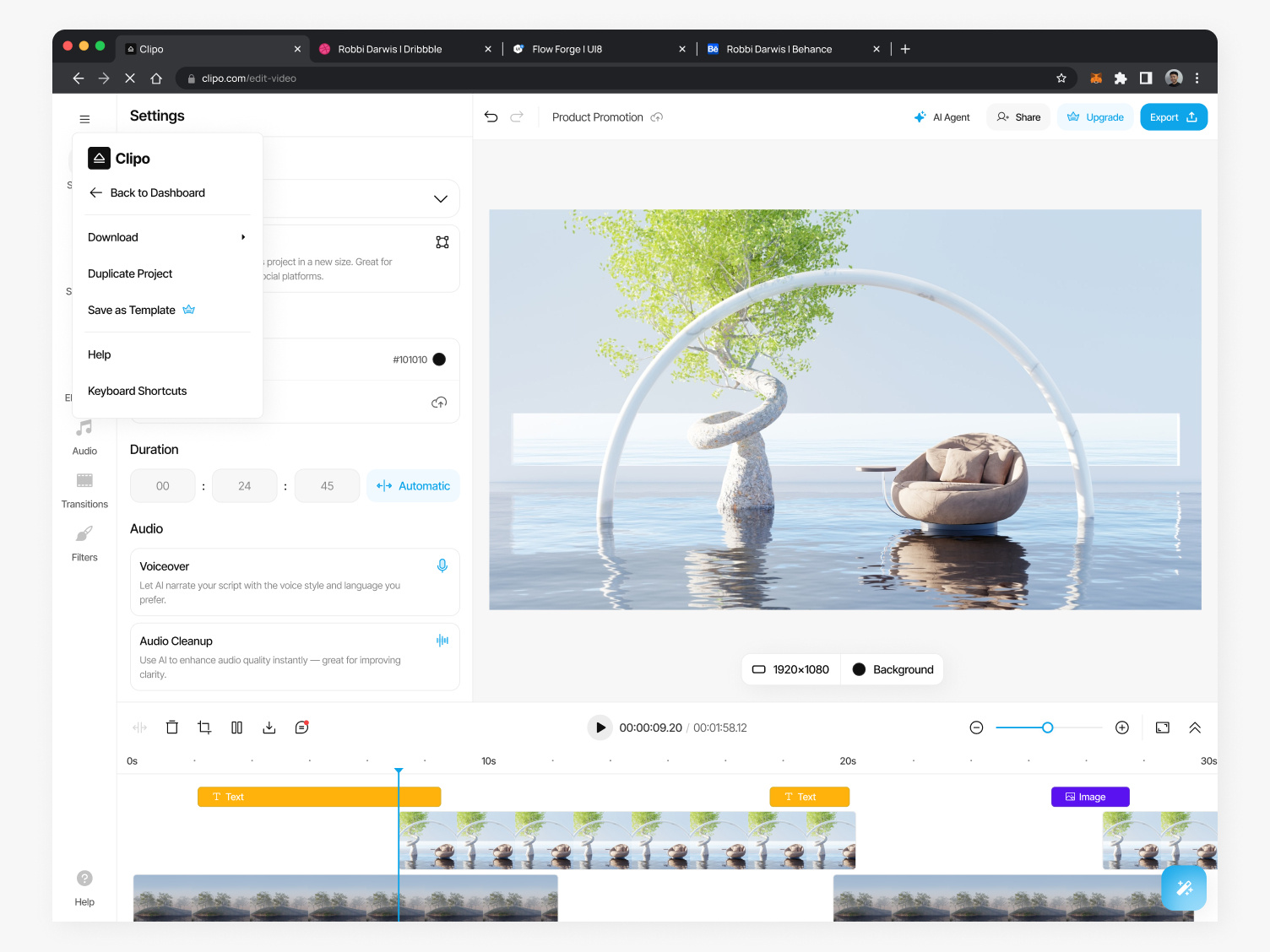 Clipo - AI for Video Editor Webapp (Setting & Duplicate Project) ai avatar ai generate ai platform clip creator dashboard generate voice over invite member photo editor pricing page redesign responsive design saas saas product team space ui ui design video editing video editor video generate voice over