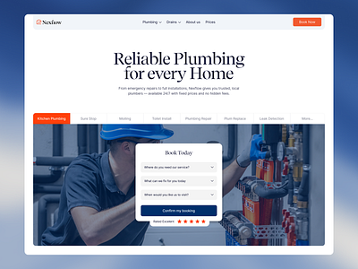 Plumbing Service Website Design • Hero Section booking business construction design hero section home improvement home services design landing page local business local service minimal modern ui plumbing website responsive service ui web design webflow website design wingly agency