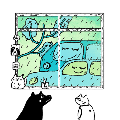 Watching the rain from inside animal branding car cat day design dog editorial illustration graphic design illustration logo rain