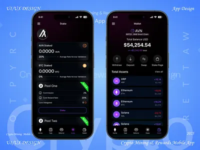 Crypto Mining & Rewards Mobile App UI Design blockchain app crypto app crypto dashboard crypto wallet dark mode ui dashboard design digital wallet finance app fintech design investment app mining app mobile app modern ui design rewards app staking ui ui inspiration ux design