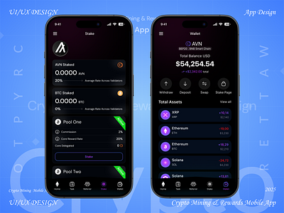 Crypto Mining & Rewards Mobile App UI Design blockchain app crypto app crypto dashboard crypto wallet dark mode ui dashboard design digital wallet finance app fintech design investment app mining app mobile app modern ui design rewards app staking ui ui inspiration ux design