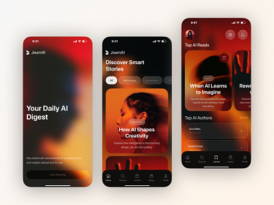 AI News Journaling App ai app ai journaling app ai news app app app design app ui article creative ai daily journal app futuristic ui journaling meets journaling mobile news app news app design product design smart news feed