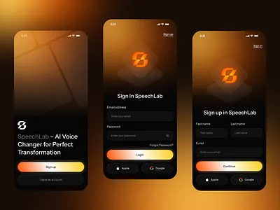 SpeechLab – AI Voice App UI Design ai voice app app concept dark mode ui futuristic design gradient button ios app minimal design mobile app sign in screen speech technology ui design ux design voice changer