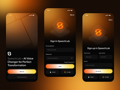 SpeechLab – AI Voice App UI Design ai voice app app concept dark mode ui futuristic design gradient button ios app minimal design mobile app sign in screen speech technology ui design ux design voice changer