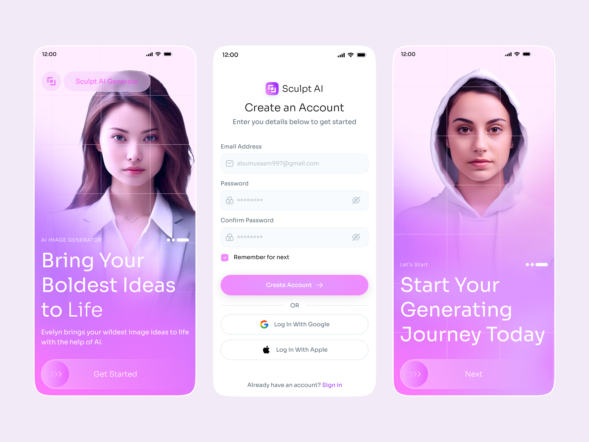 Sculpt AI - Onboarding & Login Screens ai ai image aiapp aidesign aigenerator appconcept figma mobileui modernui musa onboarding saasdesign uiux uxdesign uxinspiration